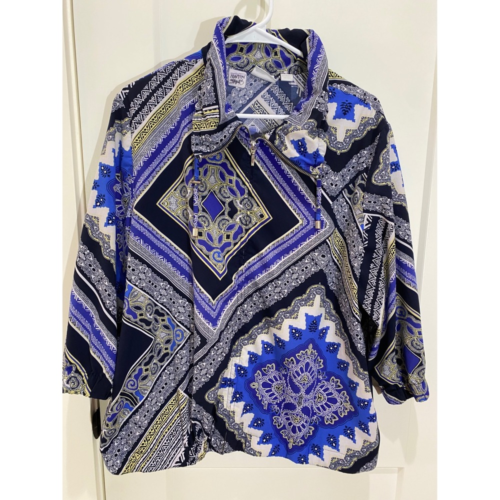 Zenergy by‎ Chico's Blue Paisley Zip Mock Neck Jacket Womens Size 3 L/XL